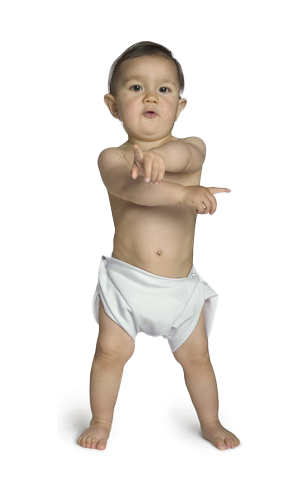 Mixed-up baby in a diaper pointing left and right.