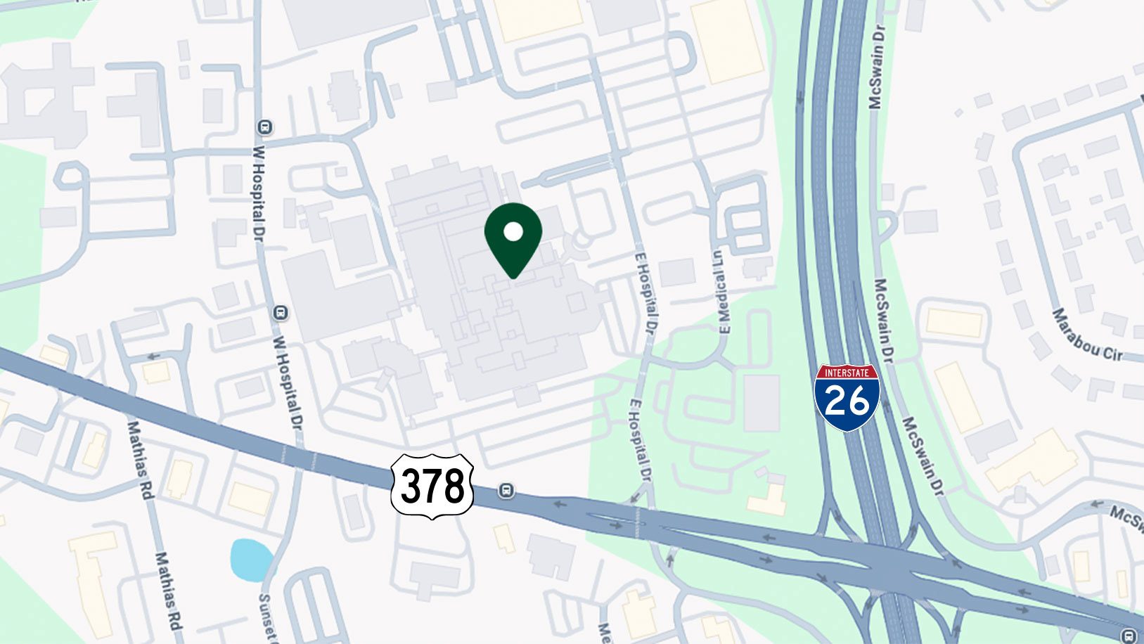 A map that pins where Lexington Medical Center is located in Columbia, South Carolina, off highway 378 and next to I-26.